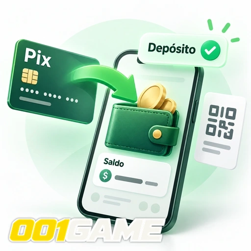 001GAME — ilustração de depósito Pix com QR code, carteira e saldo no celular