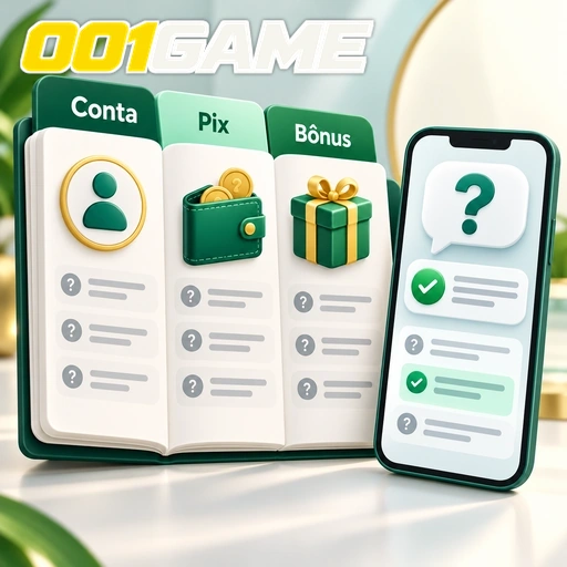 001GAME — ilustração de ajuda sobre conta, Pix e bônus em telas de celular